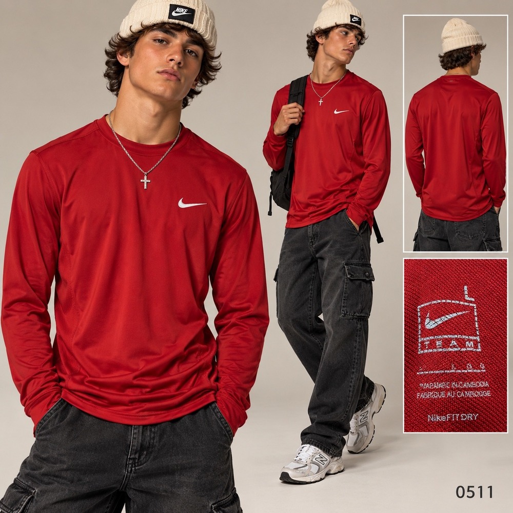 Nike Team Fit Dry Mens Red Long Sleeve Training Shirt Large 0511